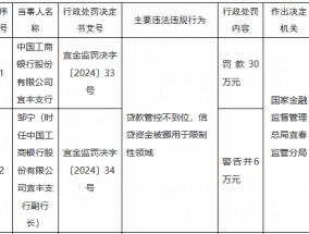 工商银行宜丰支行被罚30万元：贷款管控不到位，信贷资金被挪用于限制性领域