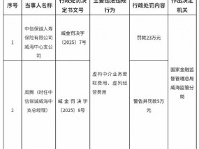 中信保诚人寿威海中心支公司被罚23万元：虚构中介业务套取费用、虚列经营费用