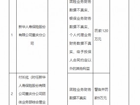 新华保险重庆分公司被罚120万元：因团险业务财务数据不真实等违法违规行为